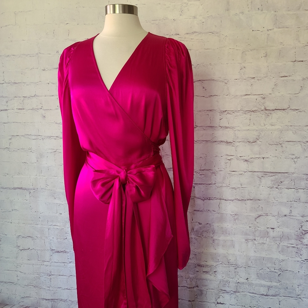 Chelsea and Walker North Hot Pink Long Sleeve Satin Wrap Dress 10